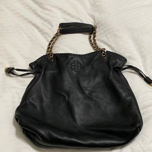 Leather Tory Burch black purse with gold chain handles